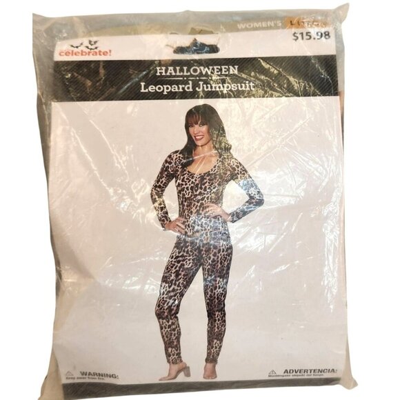 Womens Leopard Print Jumpsuit L 12/14 Halloween Costume Long Sleeve Stretch Fit - Picture 1 of 7